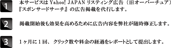 1.本サービスはYahoo! JAPAN リスティング広告（旧オーバーチュア）『スポンサードサーチ』の広告掲載を代行します。 2.掲載開始後も効果を高めるために広告内容を弊社が随時修正します。 3.1ヶ月に1回、クリック数や料金の経過をレポートとして提出します。